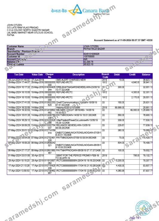 INDIA CANARA bank statement template, Word and PDF format, version 2